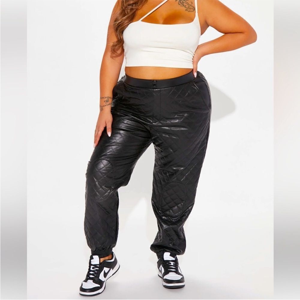 Fashion Nova Peyton Quilted Jogger Black Faux Leather High Waisted Pants Modern